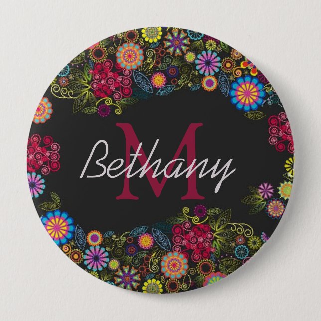 Pretty Ornate Dark Floral Pattern Personalised 10 Cm Round Badge (Front)