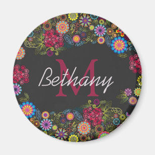 Pretty Ornate Dark Floral Pattern Personalised Magnet