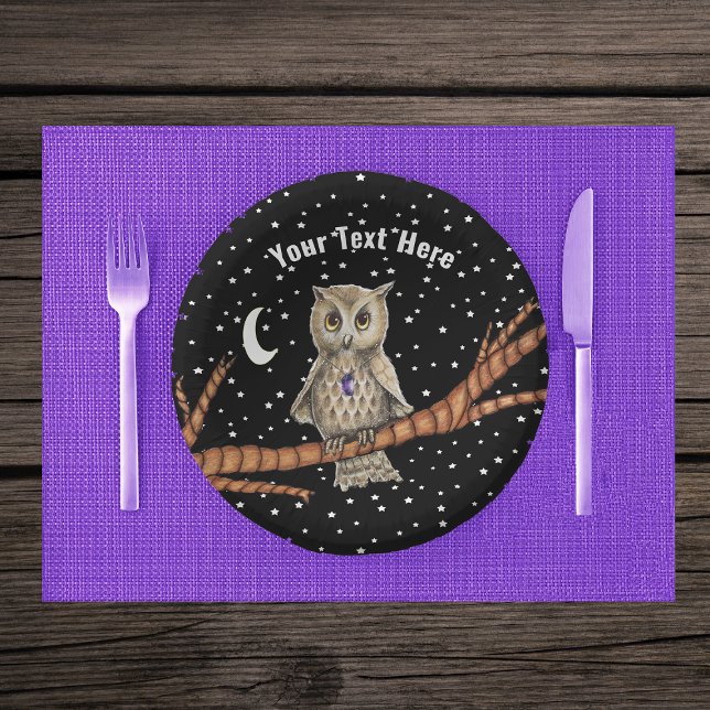 Pretty Owl Crystal Necklace Moon Stars Black Paper Plate (Pretty owl on tree branch in moon and stars on black paper party bowls.)