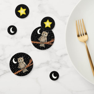 Pretty Owl Wearing Necklace on Black Stars Moon Confetti