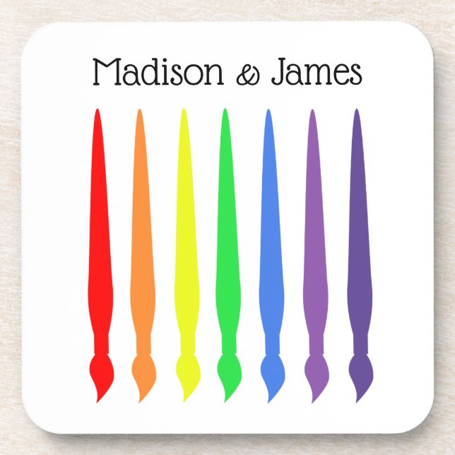 Pretty paintbrushes in rainbow colors, your names coaster (Front)