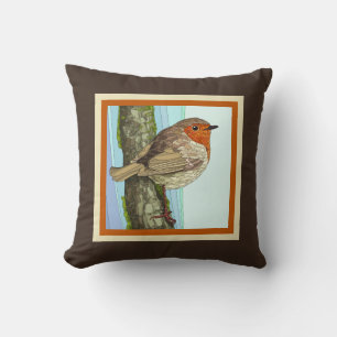 Pretty Painted Bird (Finch) on Brown/Rust Cushion