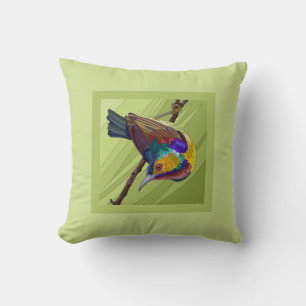 Pretty Painted Bird on Green Cushion