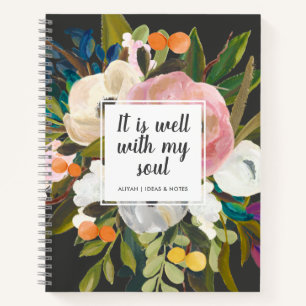 Pretty Painted Floral   It is Well Saying   Black Notebook