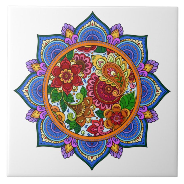 Pretty Painted Floral Mandala Tile (Front)