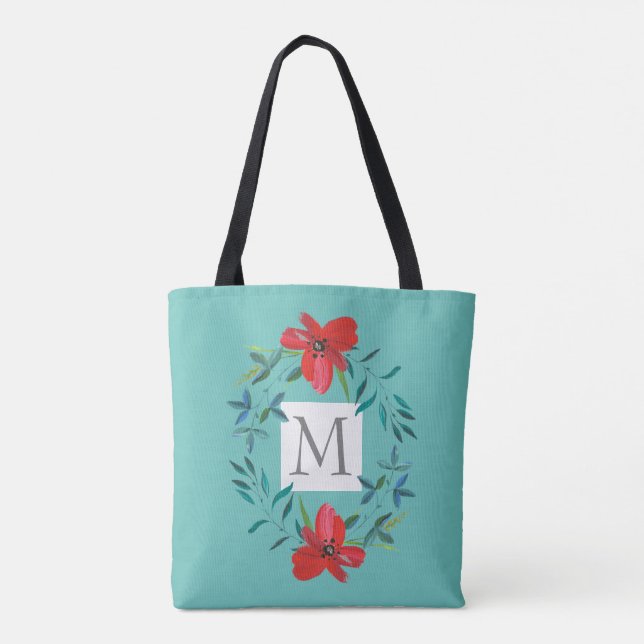 pretty painted flower on blue add monogram tote bag (Back)