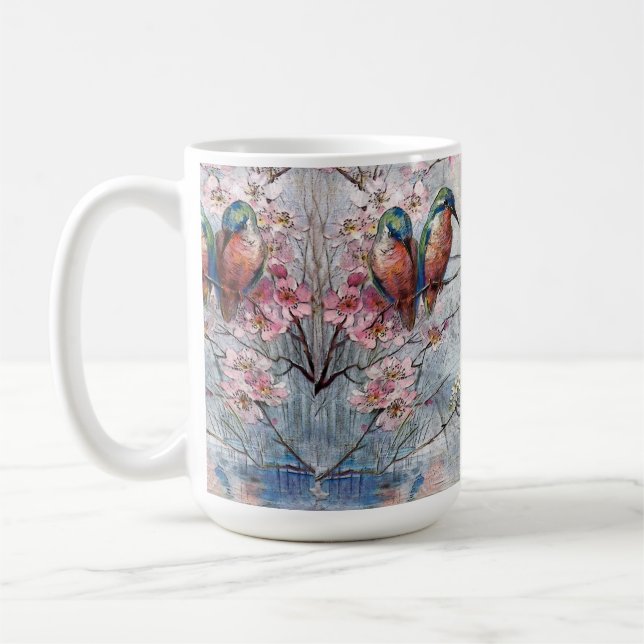 Pretty Painted Kingfishers and Flowers Coffee Mug (Left)