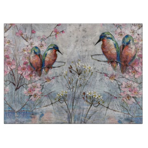 Pretty Painted Kingfishers and Flowers  Cutting Board