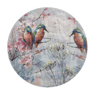 Pretty Painted Kingfishers and Flowers  Cutting Board