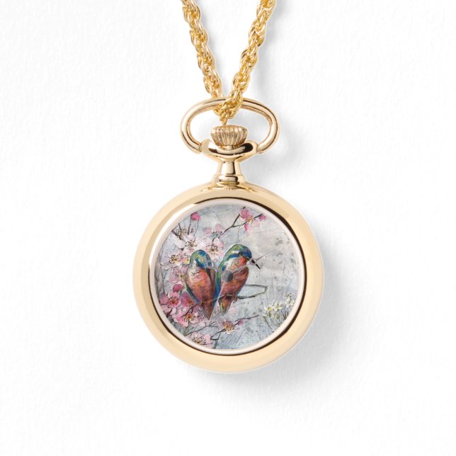 Pretty Painted Kingfishers and Flowers Keychain Watch (Front)