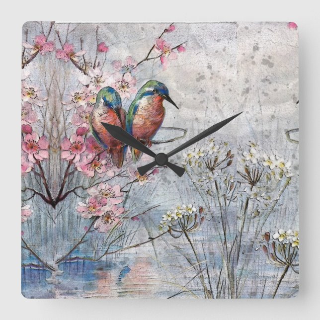 Pretty Painted Kingfishers and Flowers  Square Wall Clock (Front)