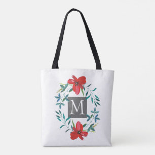 pretty painted red flower design with monogram tote bag