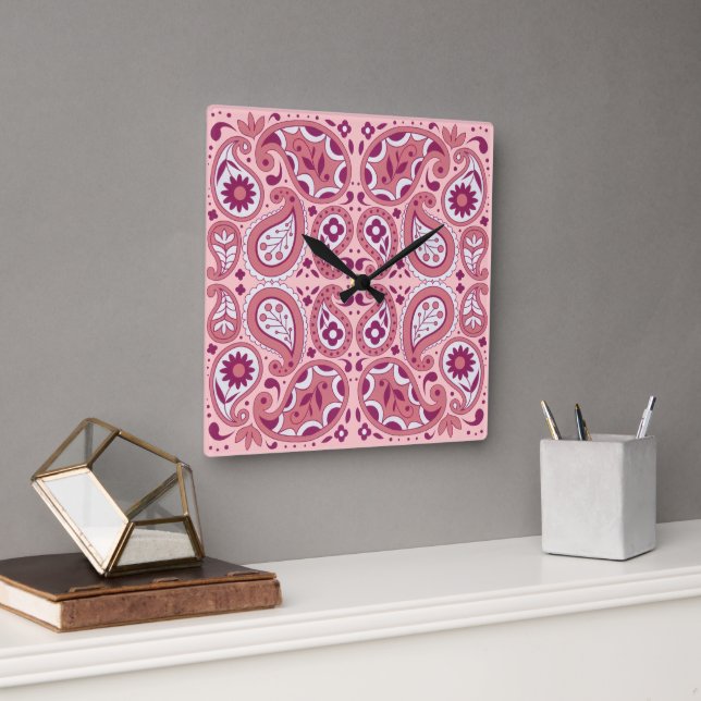 Pretty Paisley Design Flowers Tear Drops Pinks Square Wall Clock (Office)