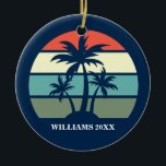 Pretty Palm Tree Blue Beach House Custom Christmas Ceramic Tree Decoration<br><div class="desc">Cute summer family Christmas ornament for a beach house or island vacation rental by the sea.Features beautiful palm trees in front of a pretty ocean sunset on deep blue.. Perfect custom gifts for a seaside home.</div>