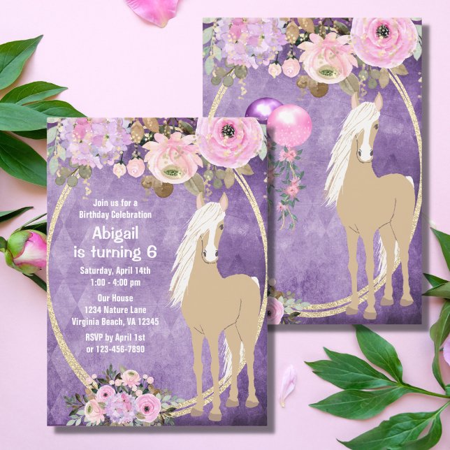 Pretty Palomino Pink Purple Flowers Horse Birthday Invitation (Creator Uploaded)