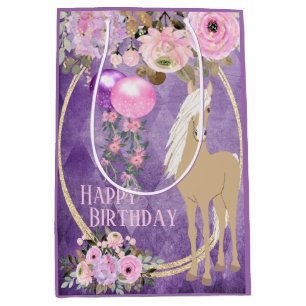 Pretty Palomino Pink Purple Flowers Horse Birthday Medium Gift Bag