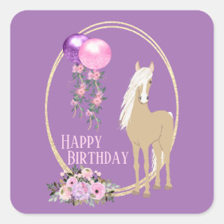 Pretty Palomino Pink Purple Flowers Horse Birthday Square Sticker