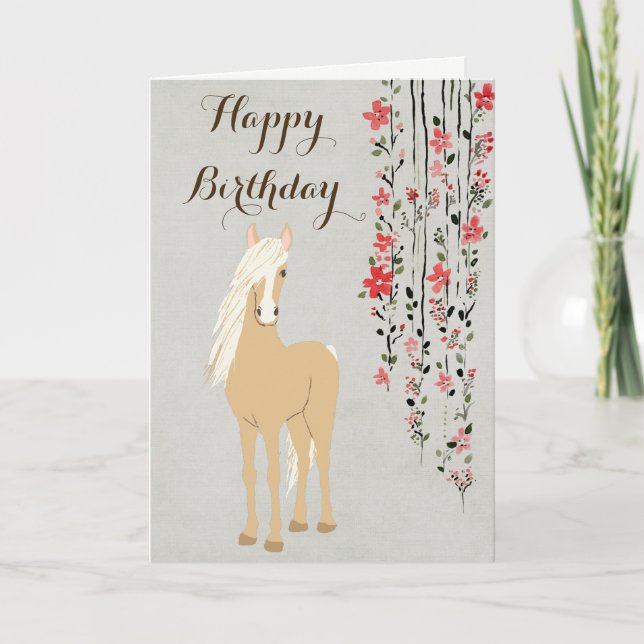 Pretty Palomino Pony and Flowers Horse Birthday Card (Front)