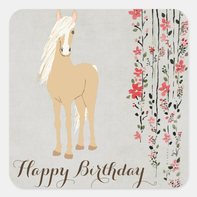 Pretty Palomino Pony Flowers Horse Happy Birthday Square Sticker (Front)