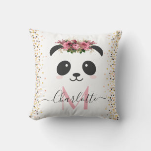 Pretty panda floral monogram personalised cushion