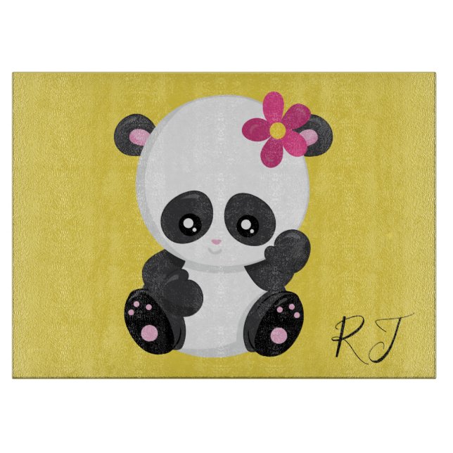 Pretty Panda on Yellow Background Monogram Initial Cutting Board (Front)