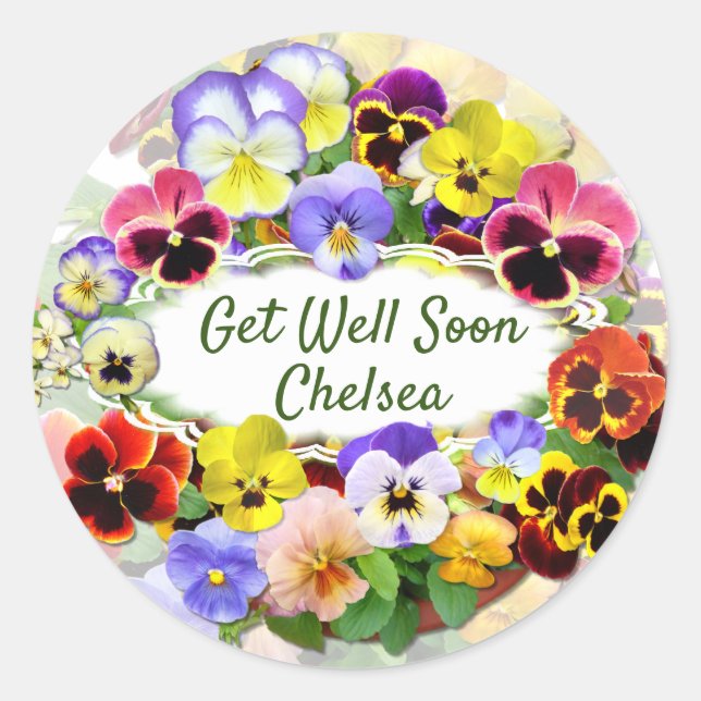 Pretty Pansies Get Well Wishes Classic Round Sticker (Front)