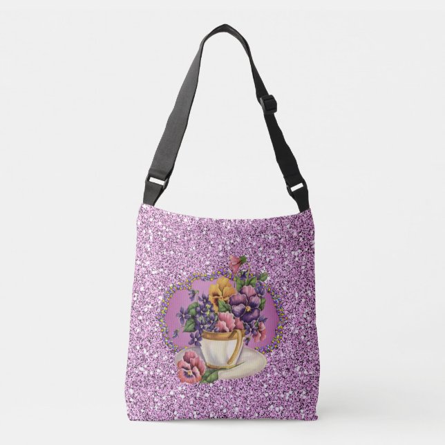 Pretty Pansies in Teacup Lavender Faux Glitter Crossbody Bag (Front)