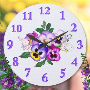 Pretty, Pansy Clock, Edit to Add Your Text, Image Large Clock