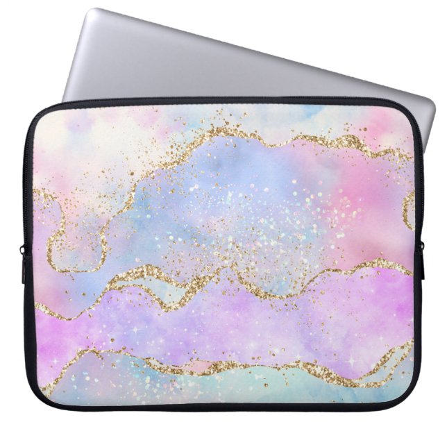 Pretty Pastel Agate | Gold Glitter Vein Watercolor Laptop Sleeve (Front)