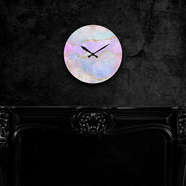 Pretty Pastel Agate | Gold Glitter Vein Watercolor Round Clock (Creator Uploaded)