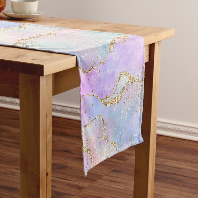Pretty Pastel Agate | Gold Glitter Vein Watercolor Short Table Runner (In Situ)