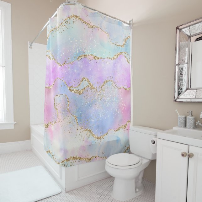 Pretty Pastel Agate | Gold Glitter Vein Watercolor Shower Curtain (In Situ)
