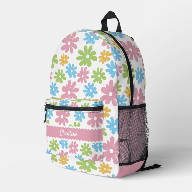 Pretty Pastel Blue Blush Pink Green Floral Pattern Printed Backpack (Back Corner Right)