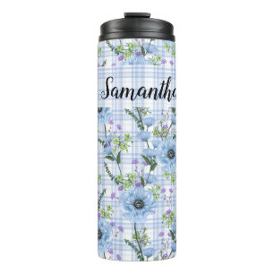 PRETTY PASTEL BLUE FLOWERS WITH PLAID PATTERNS THERMAL TUMBLER