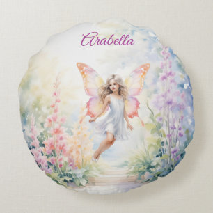 Pretty Pastel Butterfly Fairy in Flower Garden Round Cushion