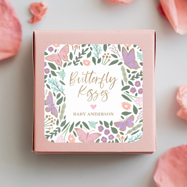 Pretty Pastel Butterfly Kisses Baby Shower Square Sticker (Creator Uploaded)