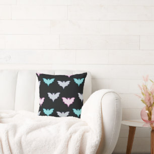Pretty Pastel Coloured Bats Black Halloween Cushion