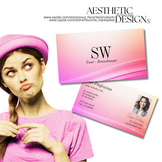 Pretty Pastel Colourful Curved Decor Monogram Phot Business Card (Creator Uploaded)