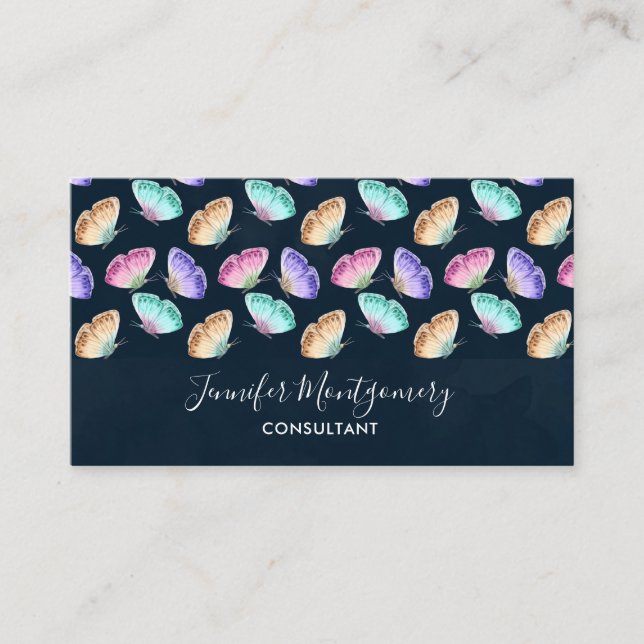Pretty Pastel Colours Watercolor Butterfly Pattern Business Card (Front)