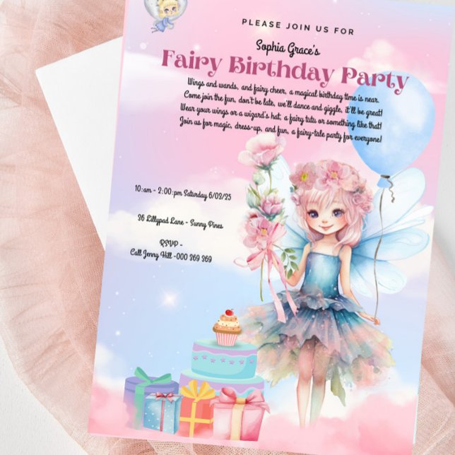 Pretty Pastel Fairy Birthday Party Invitation  (Gorgeous Pink & Blue Fairy Birthday Party Invitation - Fully Customizable)