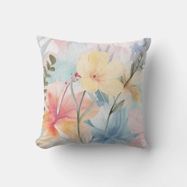 PRETTY PASTEL FLORAL ABSTRACT WATERCOLOR DESIGN CUSHION (Front)