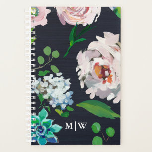 Pretty Pastel Floral Blooms on Black with Monogram Planner