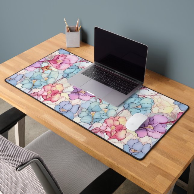 Pretty Pastel Floral Stained Glass Pink & Blue Desk Mat (Office 2)