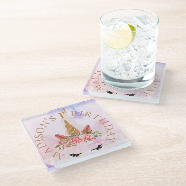 Pretty Pastel Floral Unicorn Birthday Party Favour Glass Coaster (Angled)