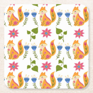 Pretty Pastel Foxy Floral Pattern Square Paper Coaster