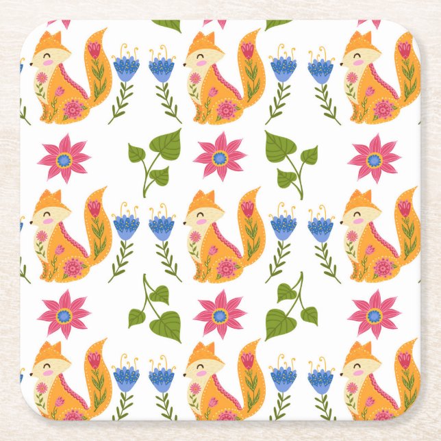 Pretty Pastel Foxy Floral Pattern Square Paper Coaster (Front)