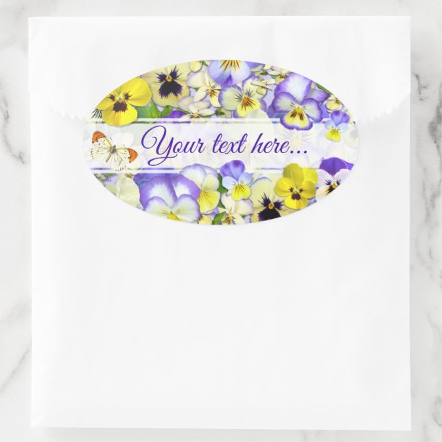 Pretty Pastel Pansies Your Text Oval Sticker (Bag)
