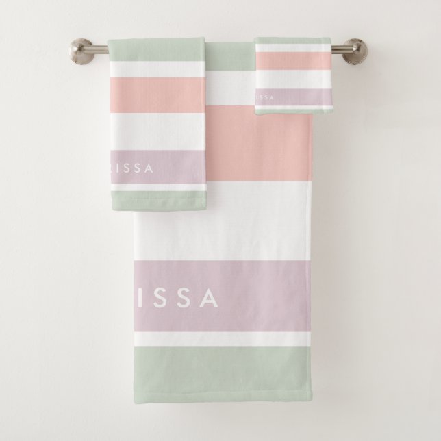 Pretty pastel pattern pink green violet stripes bath towel set (Insitu)