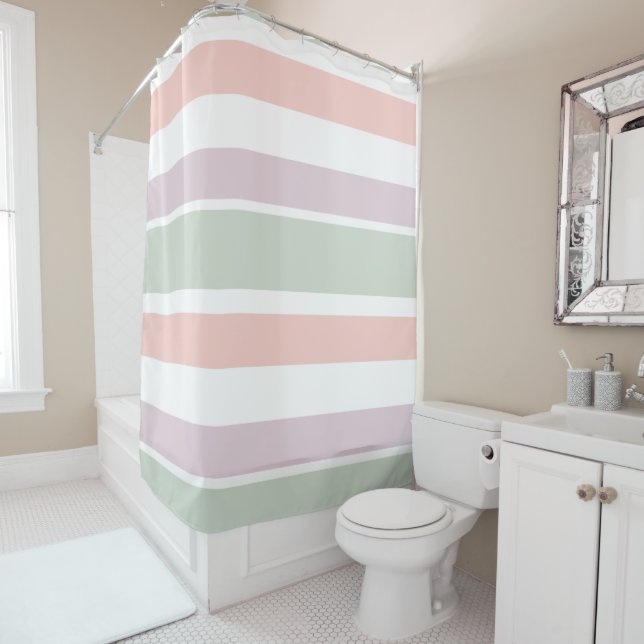 Pretty pastel pattern pink green violet stripes shower curtain (In Situ)