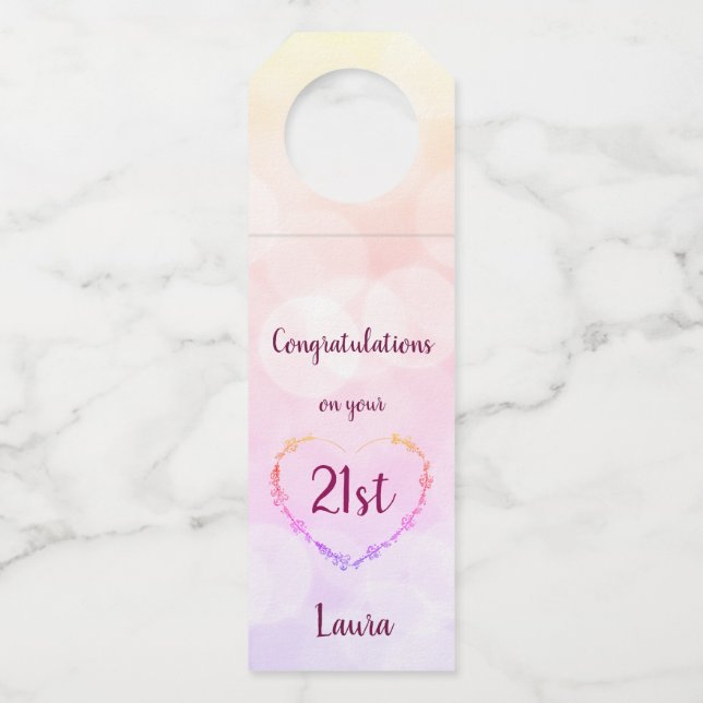 Pretty pastel pink 21st birthday design bottle tag (Front)